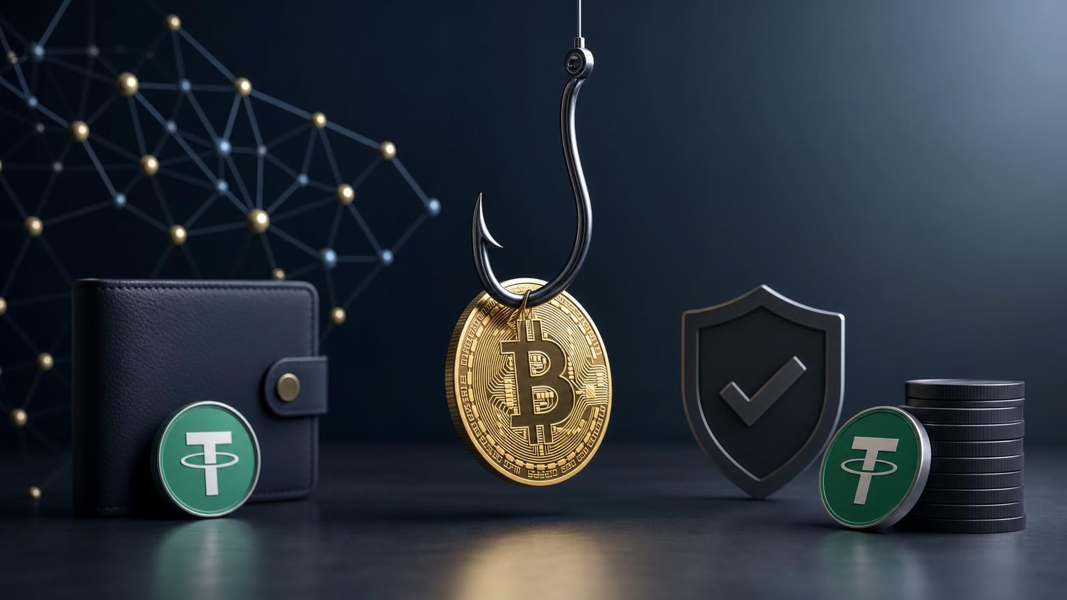 A user verifies a crypto exchange domain, blockchain network, and wallet address before approving a BTC or USDT transfer
